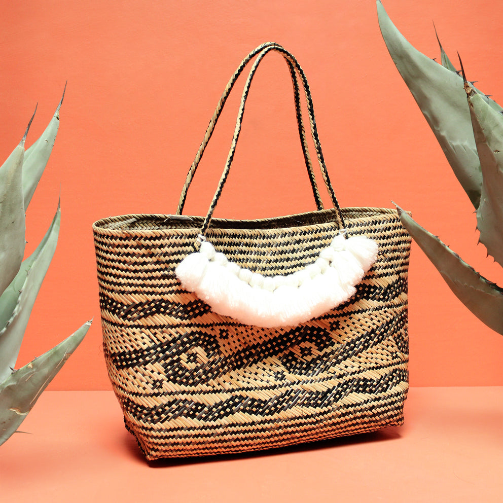 Borneo Medio Straw Tote Bag - Hand Bag with White Roman Tassels by BrunnaCo