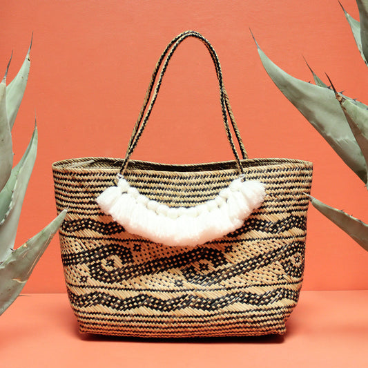 Borneo Medio Straw Tote Bag - Hand Bag with White Roman Tassels by BrunnaCo