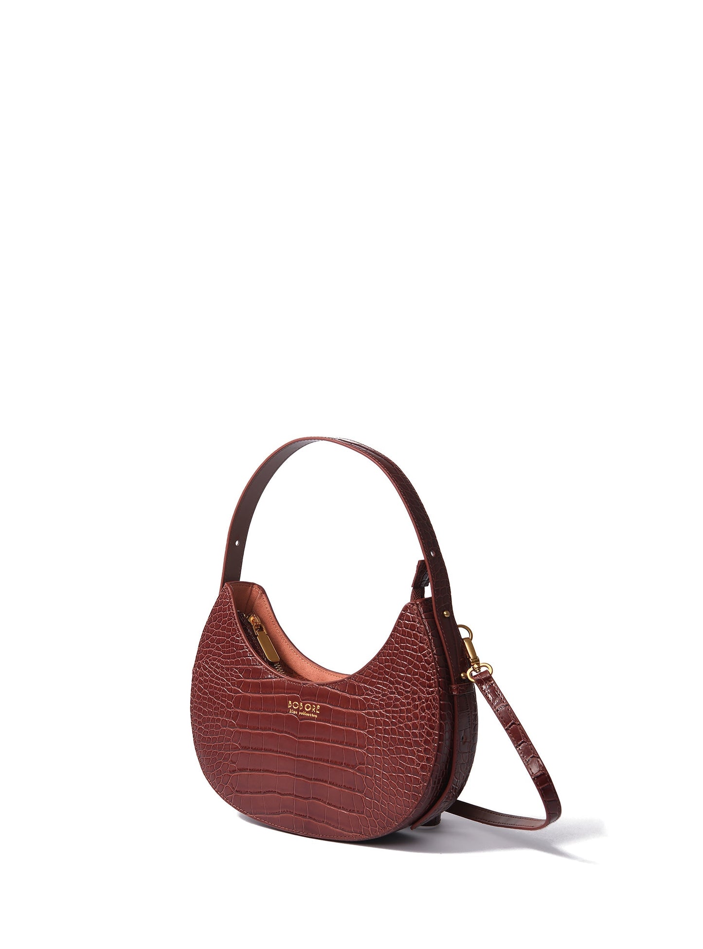 Naomi Leather Moon Bag with Croc-Embossed Pattern, Caramel by Bob Oré