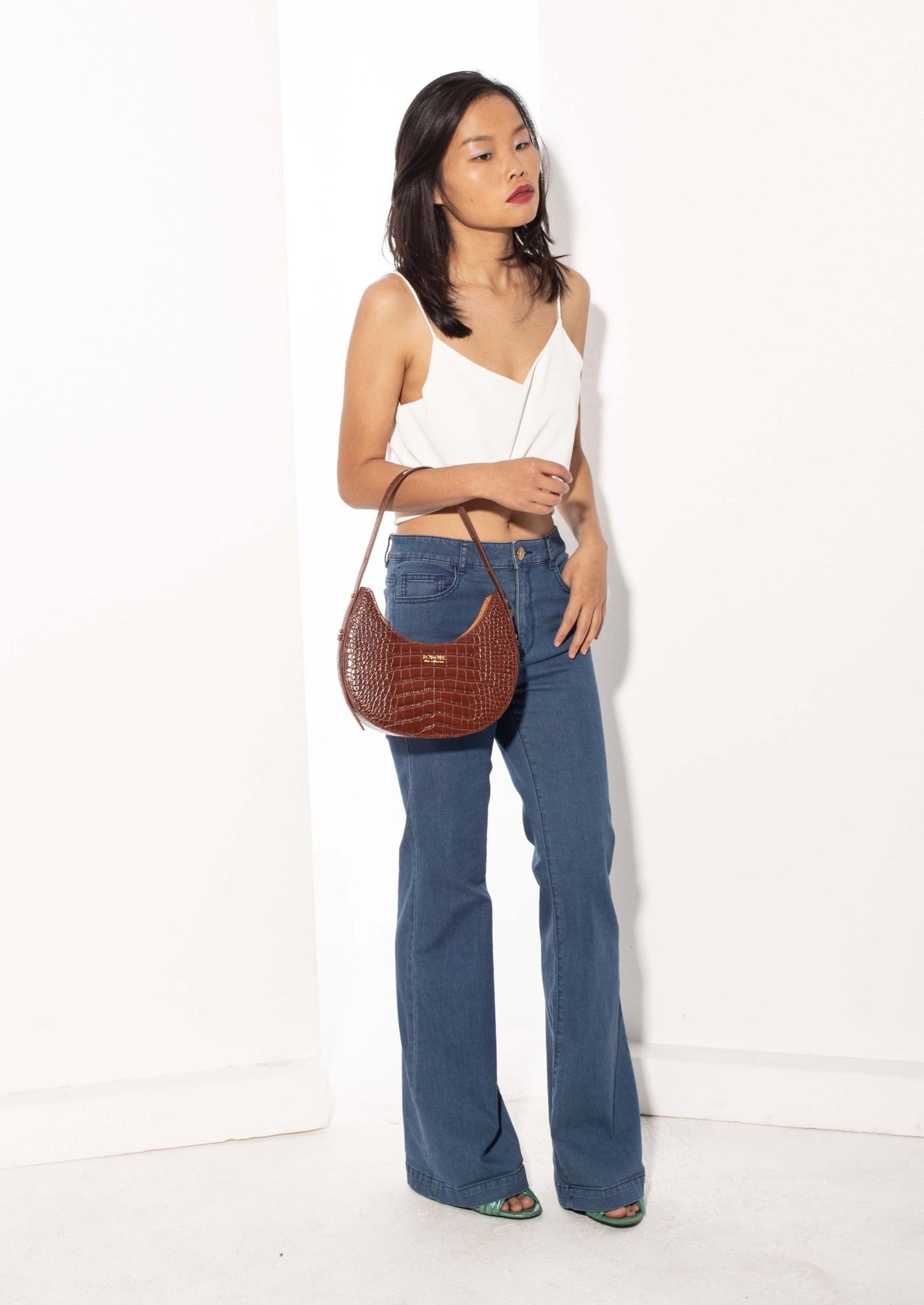 Naomi Leather Moon Bag with Croc-Embossed Pattern, Caramel by Bob Oré